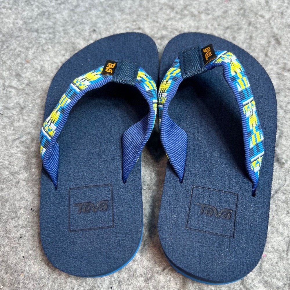 Teva Kids Flip Flops Blue Yellow Geometric Pattern Sandals Thong Shoes Boys 11 - Picture 4 of 5